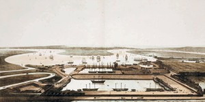 East India dock looking south towards the River Thames,  1806