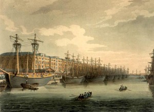 West India Docks by Augustus Pugin and Thomas Rowlandson,  1810