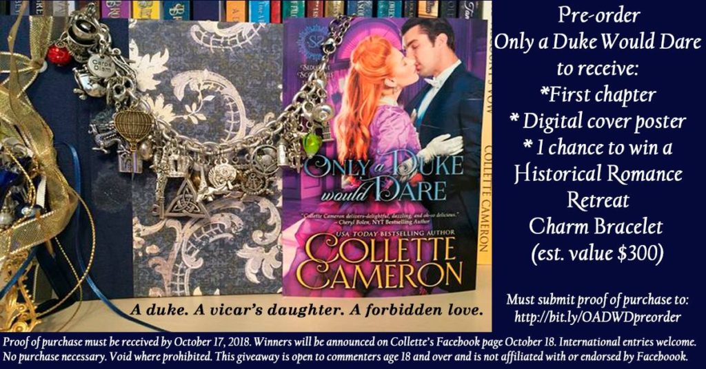 Exclusive Pre-order bonus pack, Only a Duke Would Dare, Seductive Scoundrels, Historical romance, contest, charm bracelet, Collette Cameron historical romances